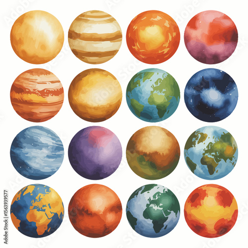 Collection of sixteen colorful planets and earth globes in a grid pattern