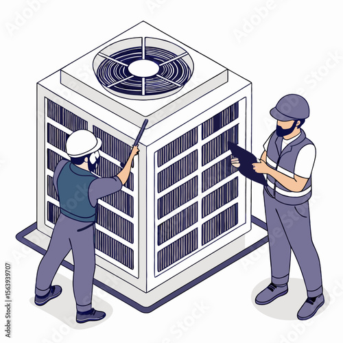 Cartoon isometric vector showing HVAC service by engineers. Includes industrial Heating, Ventilation, and Air Conditioning system with diagram and technical maintenance process.