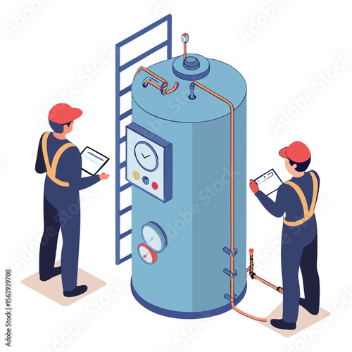 Isometric illustration of industrial boiler inspection and maintenance by technician and engineer in factory setting. Clean, isolated vector design.