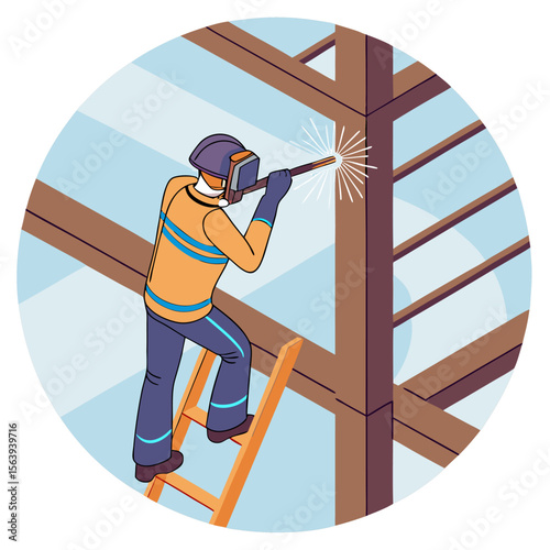 Industrial cartoon illustration of a certified welder performing high-altitude welding work on steel frames, equipped with full safety equipment, helmet, gloves, and secured with harness gear.