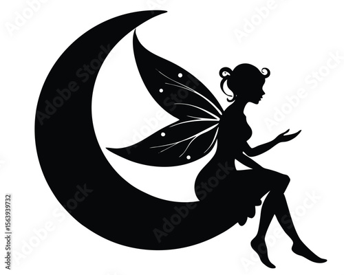 Elegant silhouette of a fairy with wings and crescent moon against a white background.