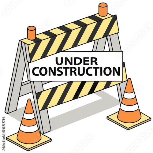 Isometric illustration of construction barrier with warning sign and traffic cones, indicating a caution zone or under construction area on white background in clean vector style.