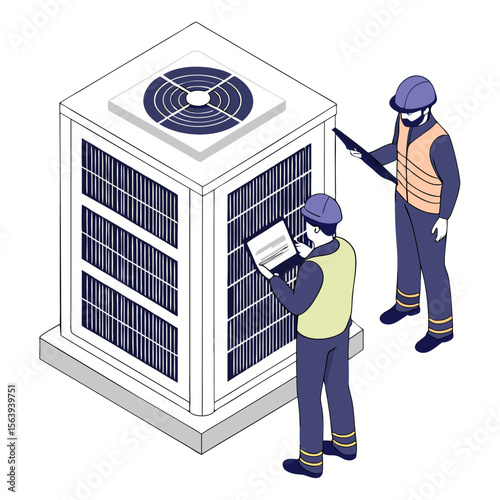 Isometric cartoon vector of engineers maintaining industrial HVAC system. Shows Heating, Ventilation, and Air Conditioning service with system components and diagram.