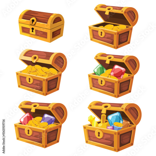 Collection of cartoon treasure chests filled with gold coins and colorful gems