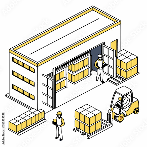 Smart factory isometric illustration with yellow cargo robot transporting goods. Depicts IoT logistics, automation, and warehouse shipping operations.