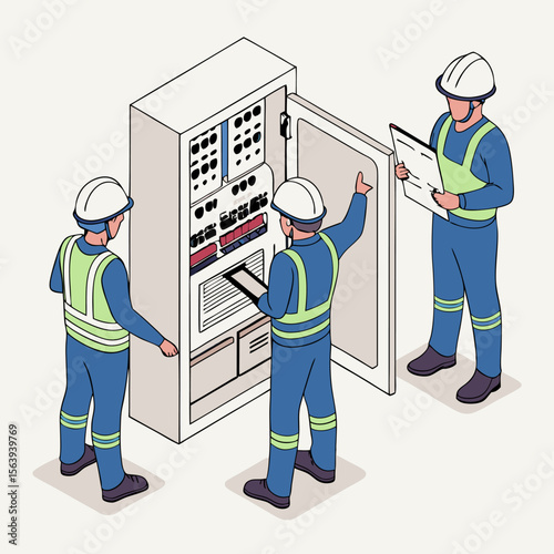 Isometric vector showing technicians working on a PLC controller system in a factory. Represents training, automation, maintenance, and engineering in a production line environment.