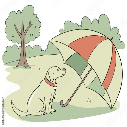A cute cartoon dog sits patiently under a colorful umbrella in a park with trees and bushes on a pleasant day