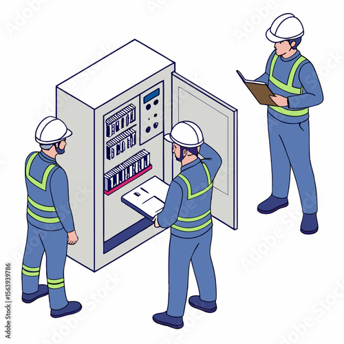 Isometric vector of technicians servicing and training on a PLC system in a factory. Shows automation, engineering maintenance, and industrial control in production lines.