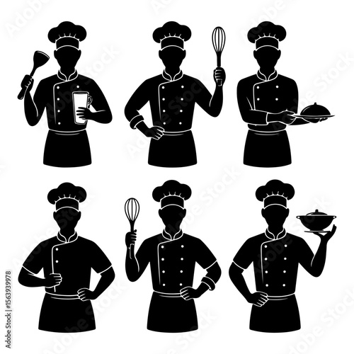 Set of black silhouette of a chef different poses on isolated with white background