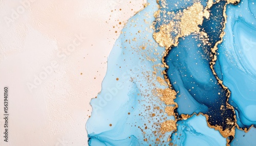 Abstract fluid art featuring blue, gold, and pink colors with a shimmering texture