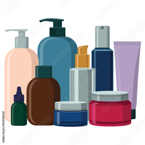 Assortment of skincare and cosmetic products in various bottles and jars