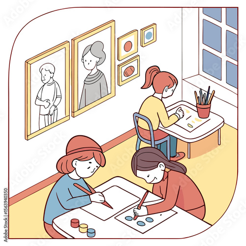 Three diverse children happily engaged in a creative art class painting and drawing at tables with art supplies and framed pictures on the wall