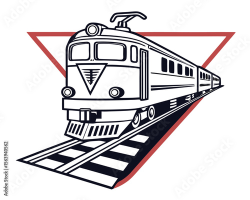 Detailed and clean black and white illustration of a classic passenger train on a railroad track.