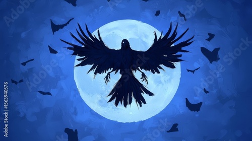 A silhouette of a majestic black bird soaring against a glowing full moon, surrounded by a night sky.