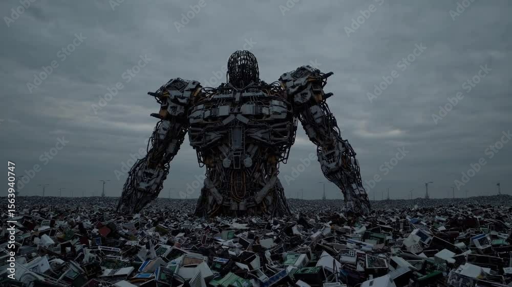 Colosse mécanique émergeant d’un champ de déchets