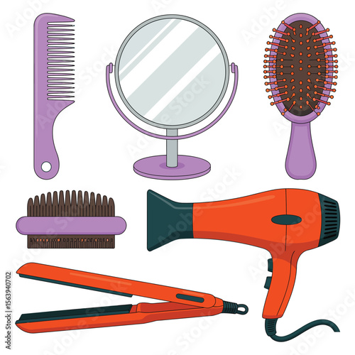 Collection of colorful cartoon hair styling tools including a hairdryer comb and mirror