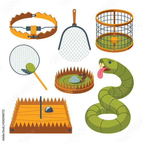 Collection of animal traps and capture equipment including a snake