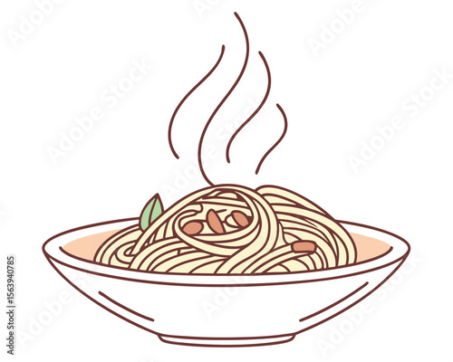 A delicious illustration of steaming spaghetti pasta served in a white bowl with fresh herbs.