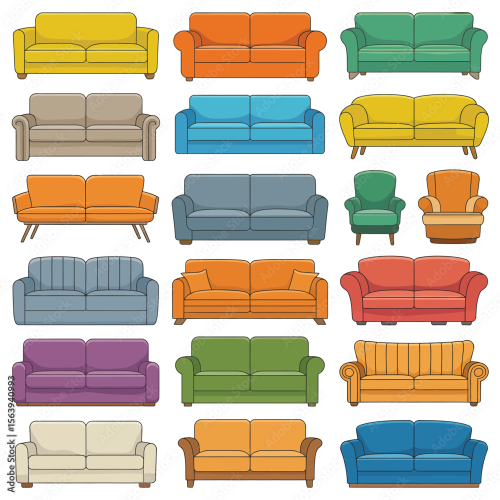Collection of colorful modern sofas and armchairs in various styles Collection of colorful modern sofas and armchairs in various styles