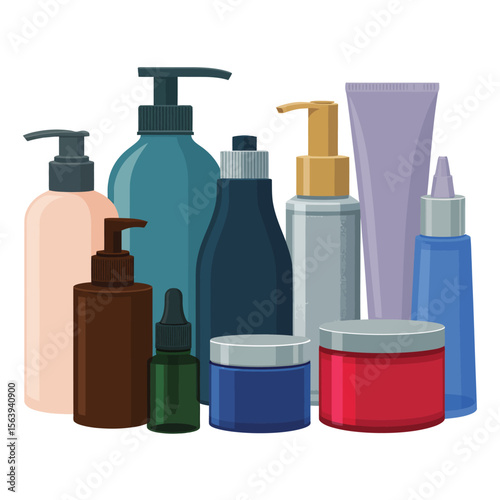 Collection of various cosmetic and skincare bottles and jars with pumps and caps