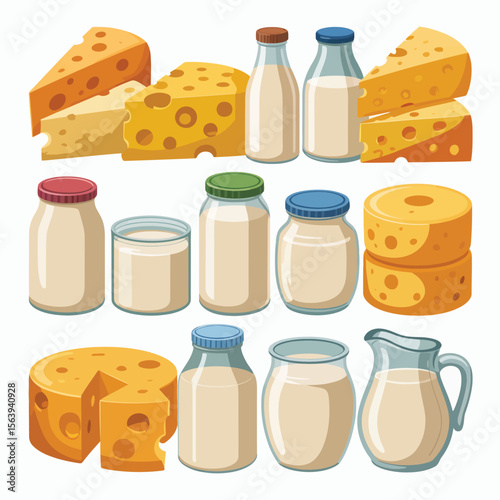 Collection of dairy products including cheese and milk in bottles and jars