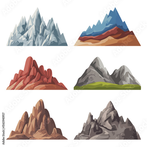 Collection of six diverse stylized mountain range illustrations in flat design style