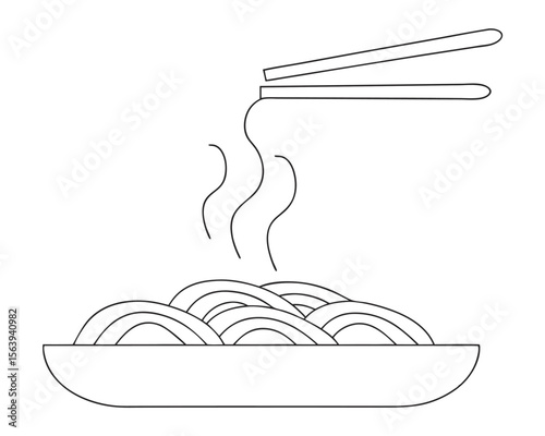 Simple vector illustration featuring a steaming bowl of noodles being lifted by chopsticks ready to eat.