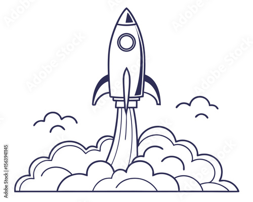 Vector illustration of a rocket ship taking off with smoke and clouds against a white background.