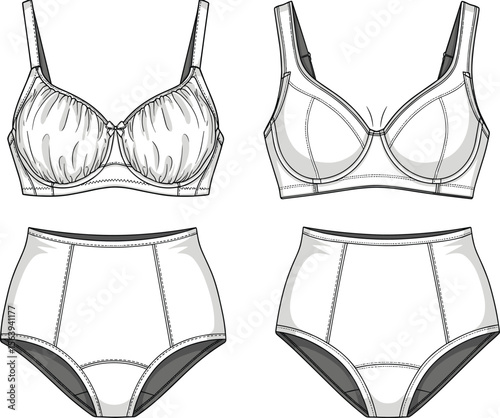 Bra and panty sketch, fashion lingerie illustration, front and back views, high-waisted underwear design, technical garment drawing, apparel layout, structured lingerie concept