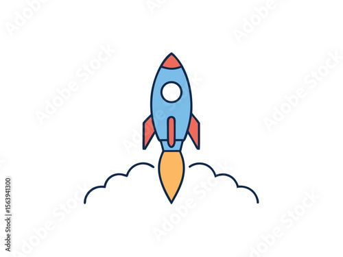 Colorful vector illustration of a rocket ship taking off into the sky with a vapor trail.