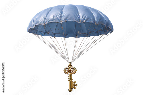 Blue parachute descending with ornate golden skeleton key image