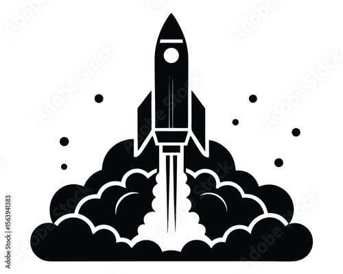 Black and white illustration of a retro rocket launching into space with smoke and dots.