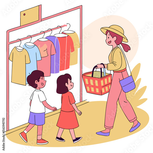 A mother wearing a straw hat and carrying a shopping basket walks with her two children past a rack of colorful t shirts in a store