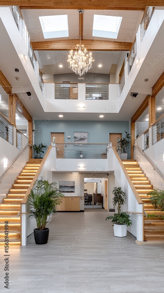 Obraz premium Bright and airy entrance showcases a spacious layout with teal walls, natural lighting, wooden stairs, and a stunning chandelier