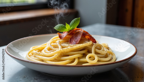 Creamy carbonara pasta with crispy bacon – Italian cuisine