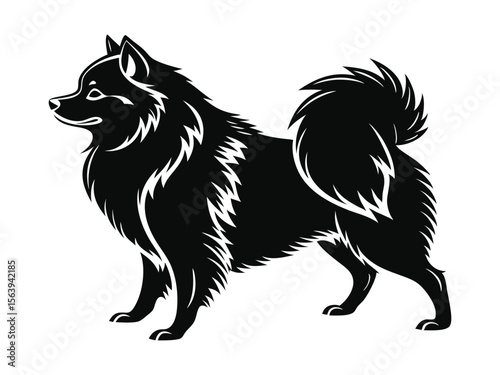 Pomeranian dog silhouette vector illustration, pet clipart, black and white animal shape