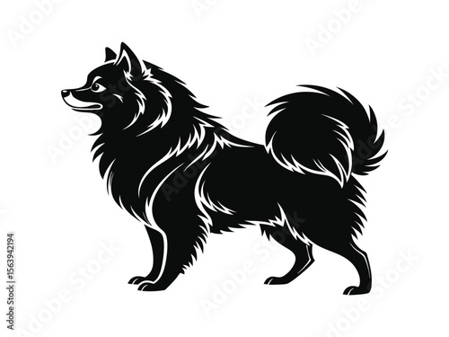 Pomeranian dog silhouette vector illustration, pet clipart, black and white animal shape