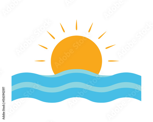 Simple illustration of a sunny day with a bright sun over the wavy ocean on a white background.