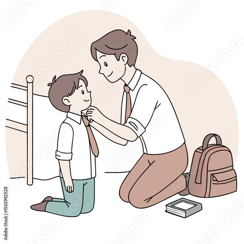 Caring father helps his young son tie his necktie in preparation for school with a backpack and book nearby