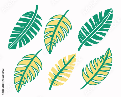 Colorful stylized leaves collection featuring green and yellow shades perfect for tropical designs.