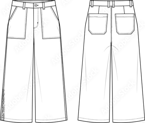 Wide-leg pants sketch, fashion technical drawing, button fly closure, patch pockets design, front and back views, apparel layout, garment construction, belt loops, stitching detail