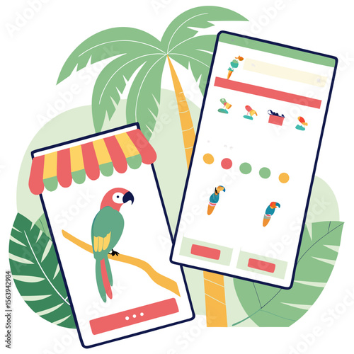 Two mobile phones displaying online shopping interfaces with colorful parrots and tropical foliage suggesting e commerce and pet adoption