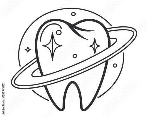 Illustration of a cosmic tooth, clean and sparkling, surrounded by planetary rings in a black and white outline. tooth, dental, dentistry.