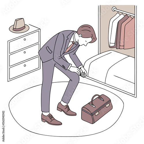 A man in a suit is packing a duffel bag in his bedroom preparing for a trip with clothes in the closet and a hat on the dresser