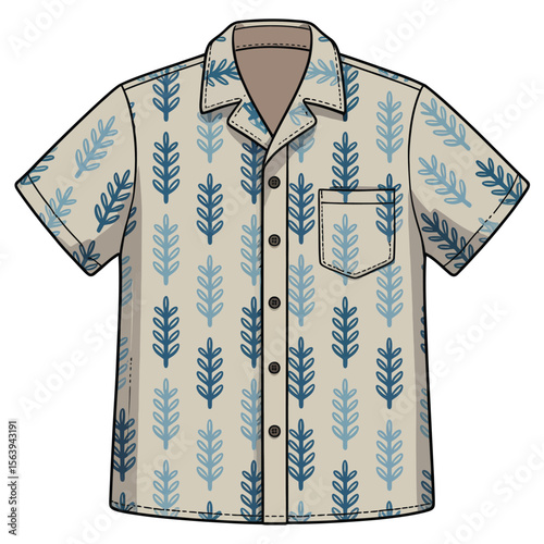 Short sleeve button up shirt with blue leaf pattern and pocket