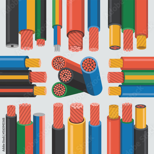 Colorful electrical wires and cables with exposed copper conductors in a flat design