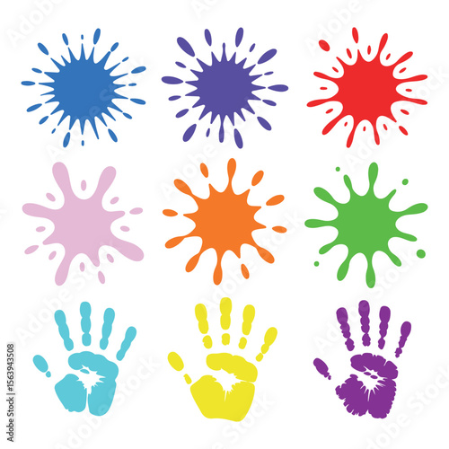 Color ink splatter vector set: paint splash, handprints, blot illustrations