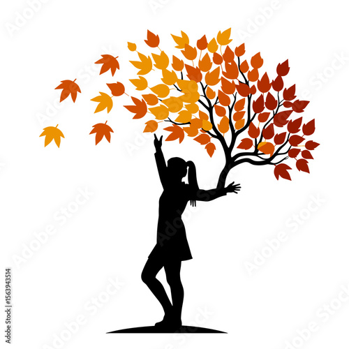 Silhouette of girl near tree with autumn leaves for seasonal designs, fall season. Woman silhouette with fall colored foliage represents changing seasons, bare tree branches. 