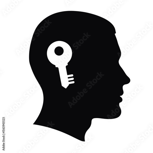 Silhouette of man's head with key inside, idea generation concept. Silhouette symbolizes solution and intelligence, man head includes key, idea generation and creativity. 
