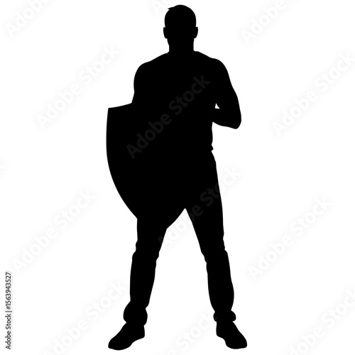 Silhouette illustration showing man with shield, full body. This silhouette depicts muscular person holding shield, standing firm in defensive pose. 